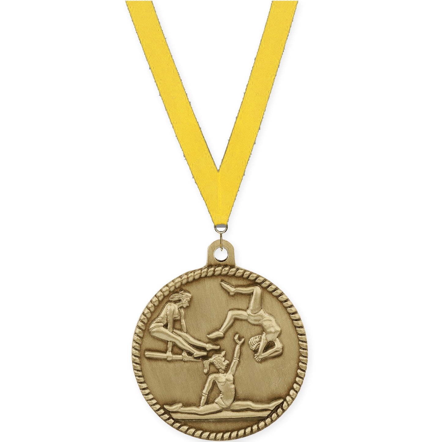 2 inch gymnastics High Relief medal in antique gold with Yellow neck ribbon