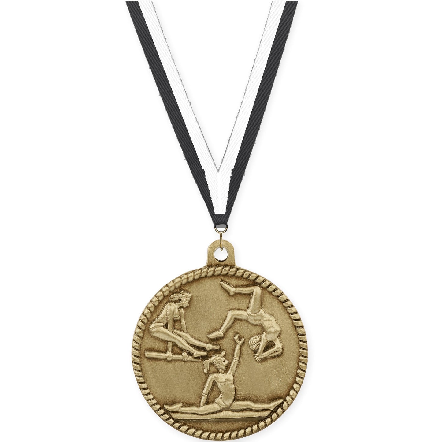2 inch gymnastics High Relief medal in antique gold with Black White neck ribbon