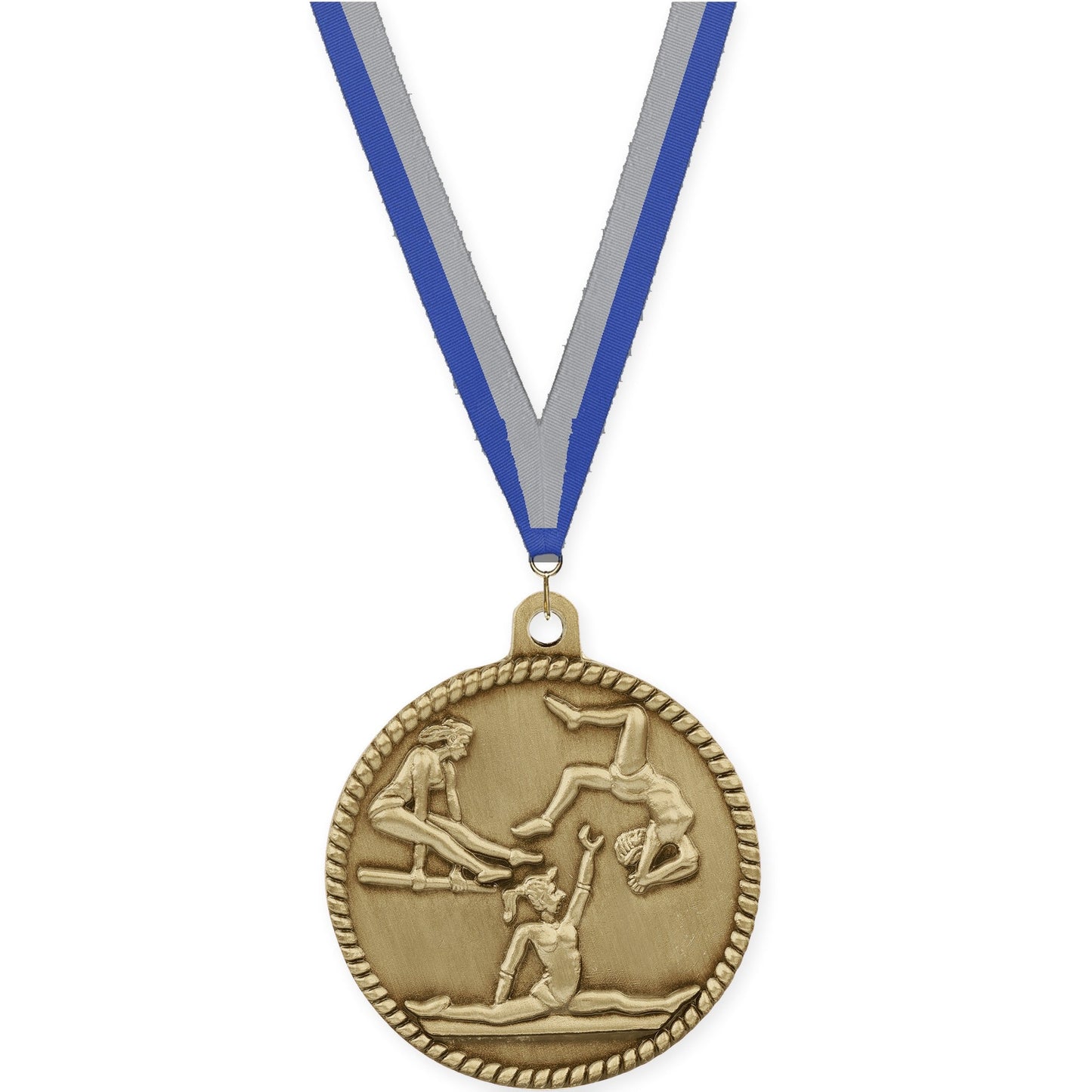 2 inch gymnastics High Relief medal in antique gold with Blue Gray neck ribbon