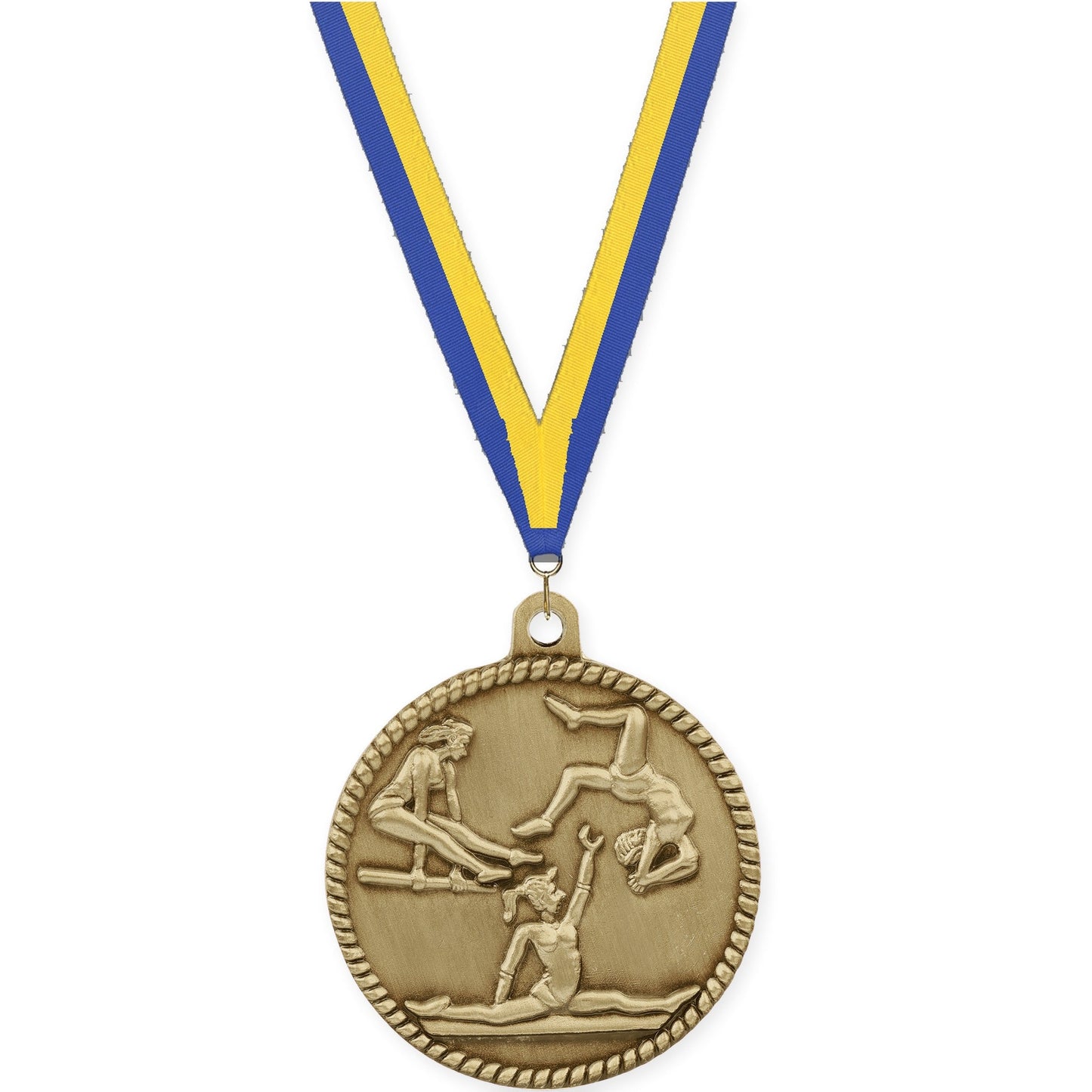 2 inch gymnastics High Relief medal in antique gold with Blue Yellow neck ribbon