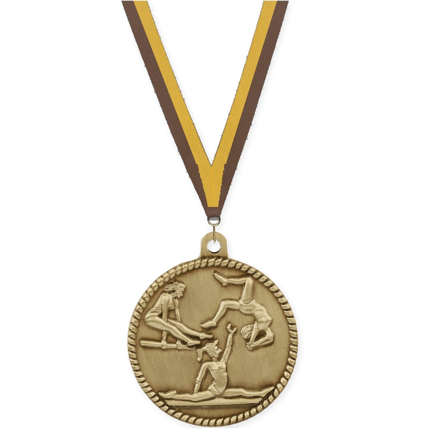 2 inch gymnastics High Relief medal in antique gold with Brown Gold neck ribbon