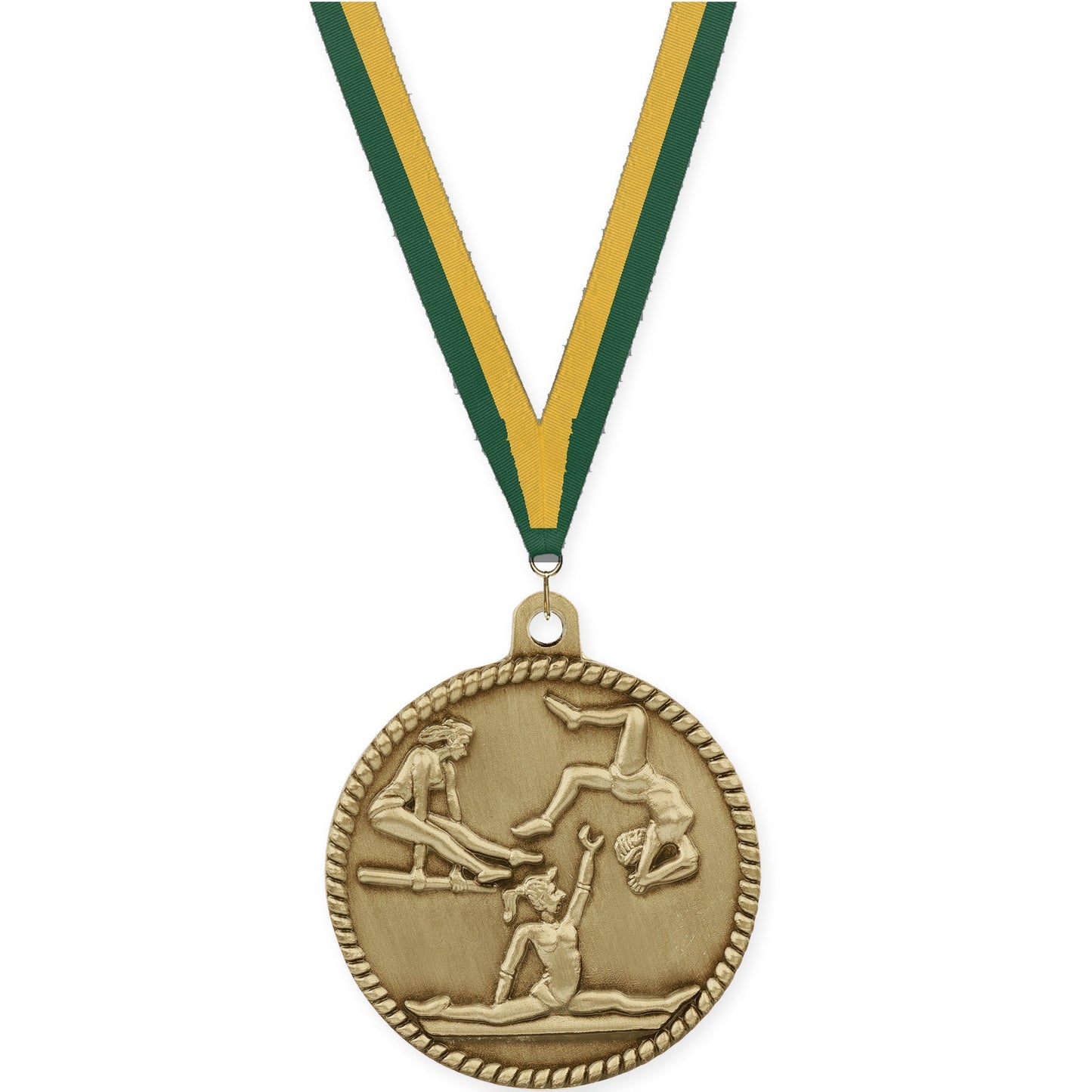 2 inch gymnastics High Relief medal in antique gold with Hunter Green Gold neck ribbon