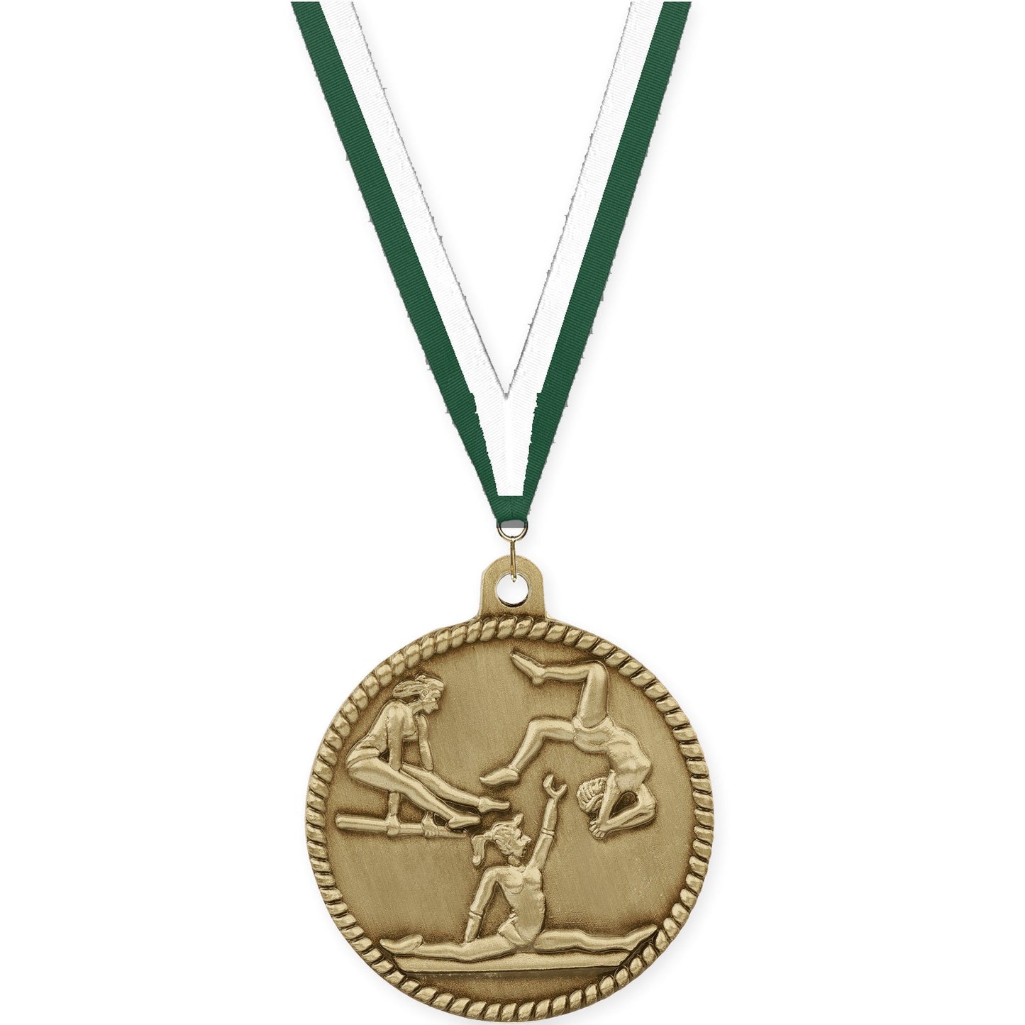 2 inch gymnastics High Relief medal in antique gold with Hunter Green White neck ribbon