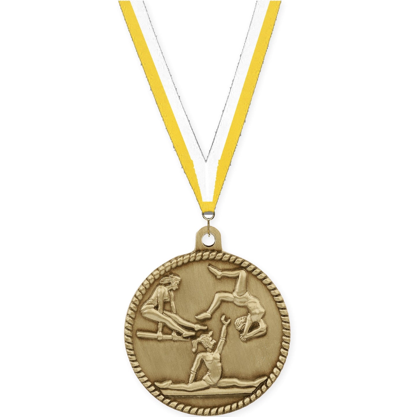 2 inch gymnastics High Relief medal in antique gold with Yellow White neck ribbon