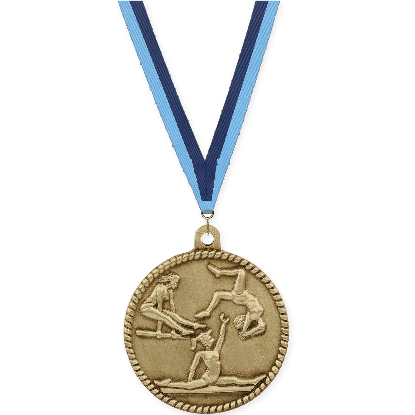 2 inch gymnastics High Relief medal in antique gold with Light Blue Navy neck ribbon