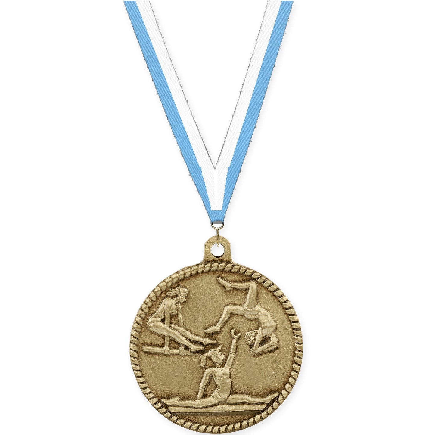 2 inch gymnastics High Relief medal in antique gold with Light Blue White neck ribbon