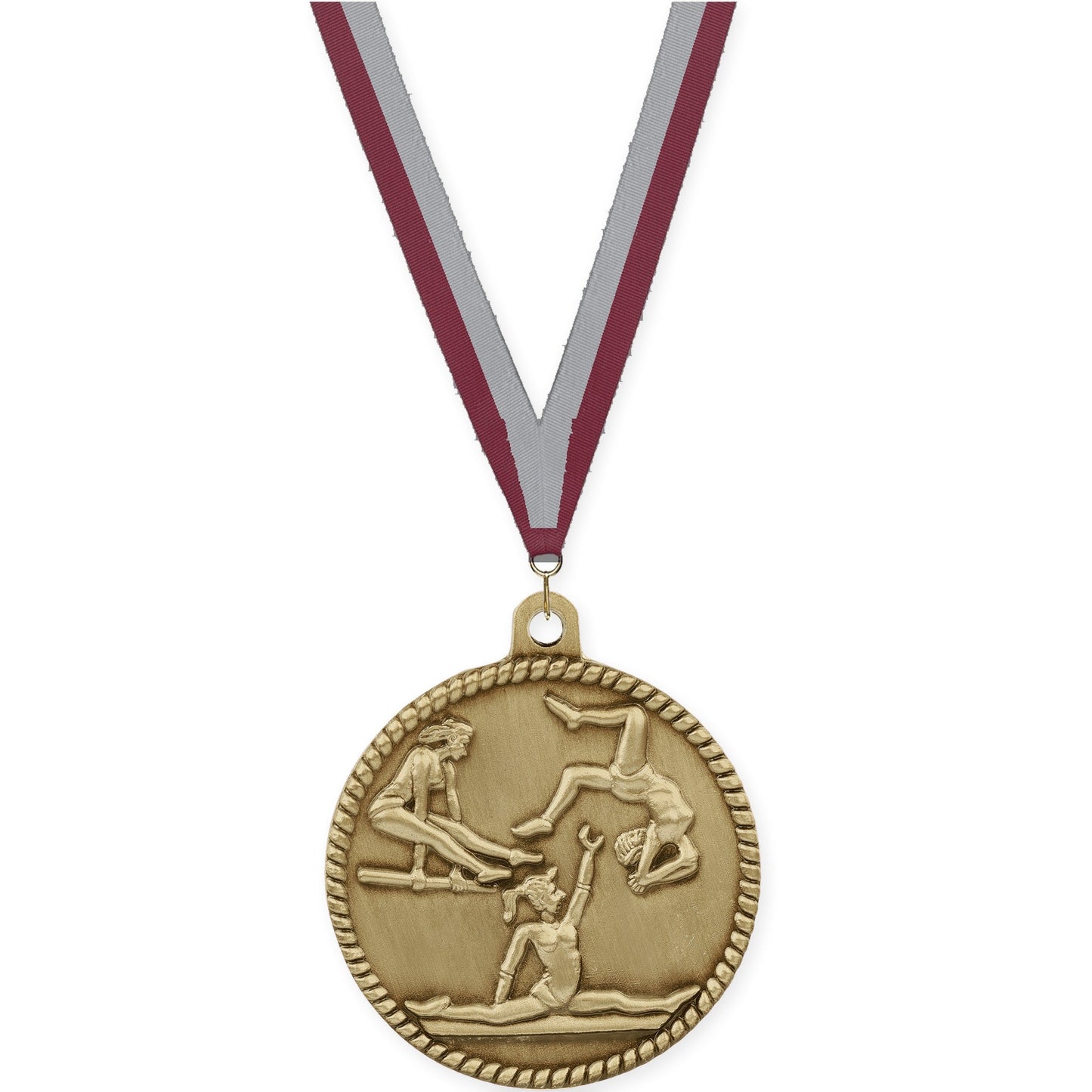2 inch gymnastics High Relief medal in antique gold with Maroon Gray neck ribbon
