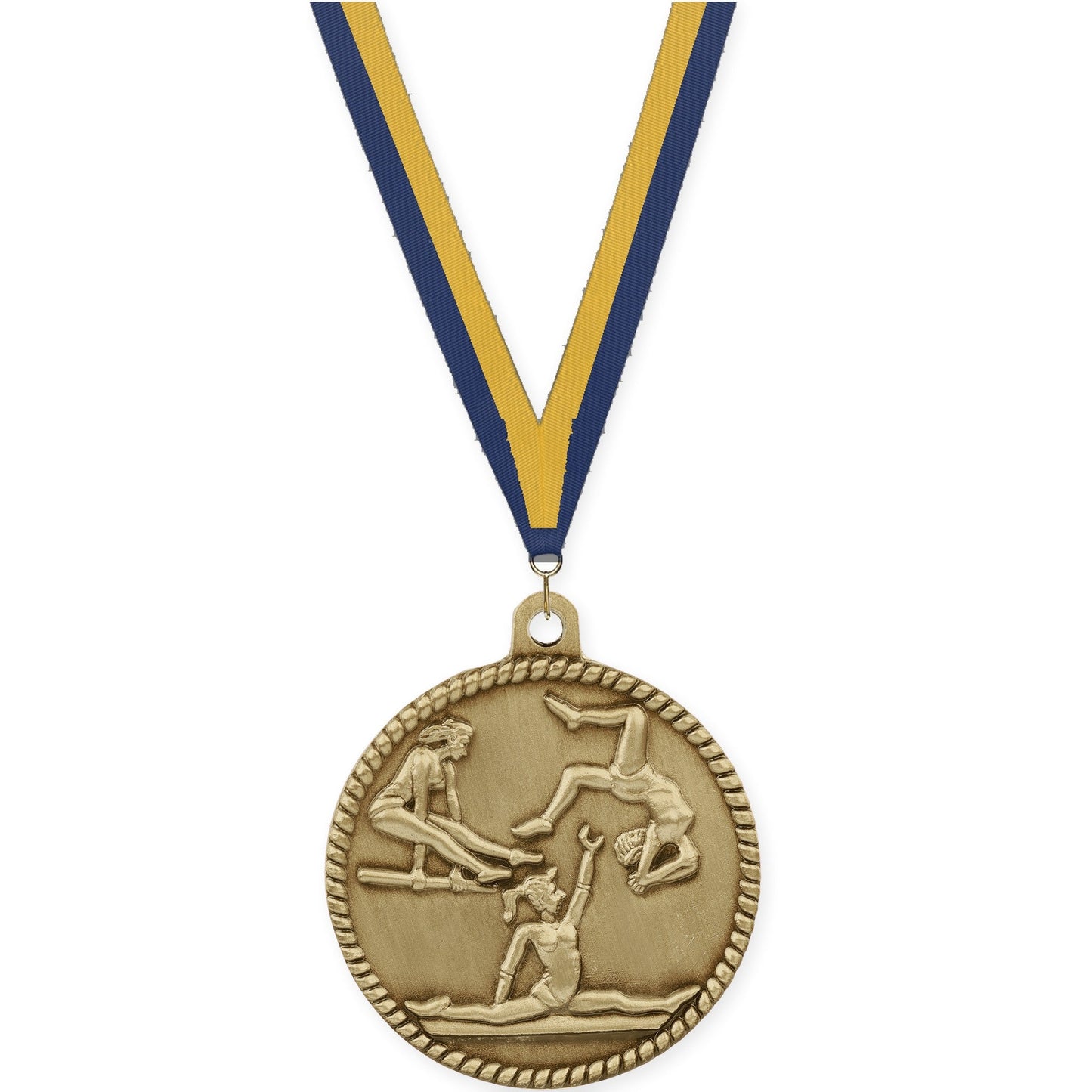 2 inch gymnastics High Relief medal in antique gold with Navy Gold neck ribbon