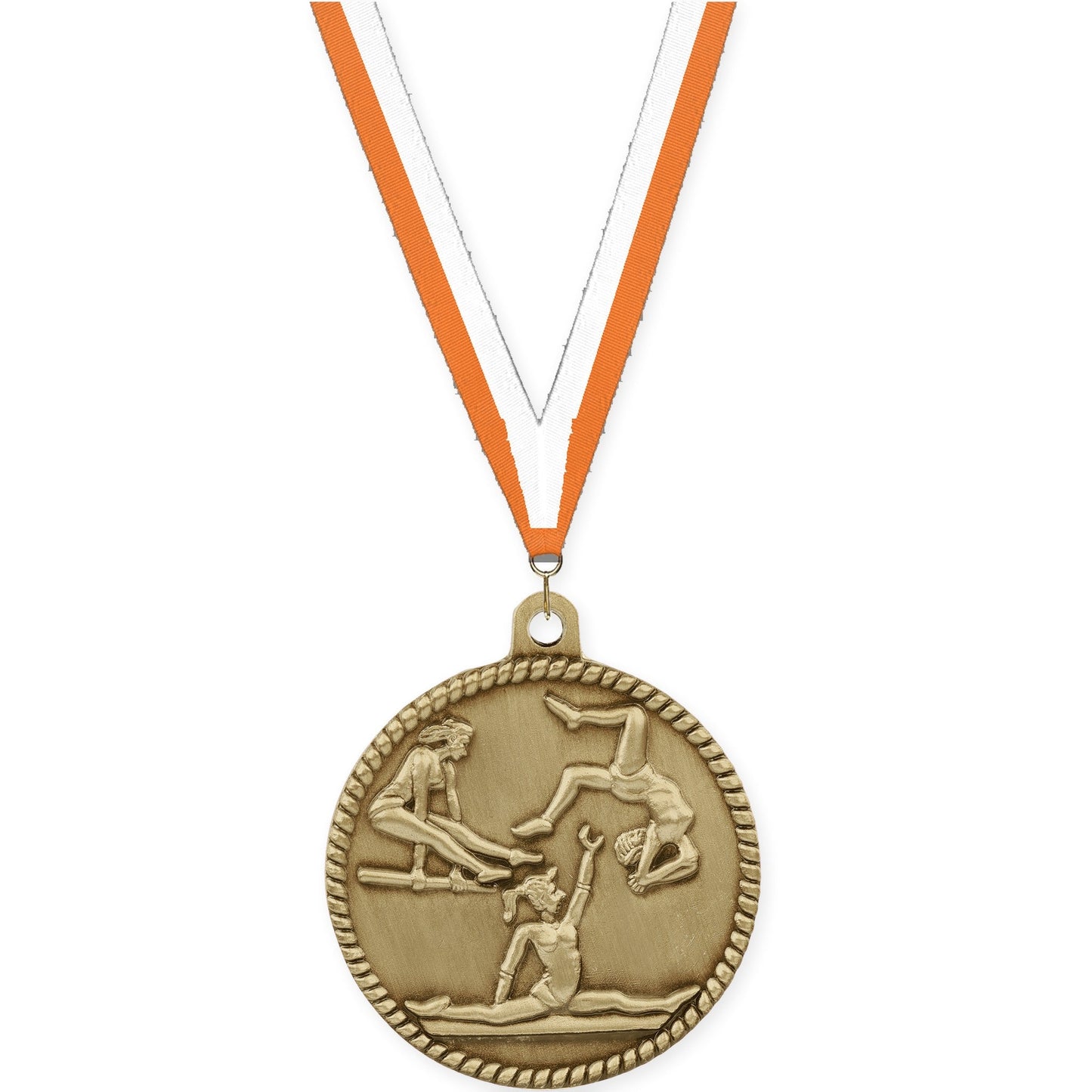2 inch gymnastics High Relief medal in antique gold with Orange White neck ribbon