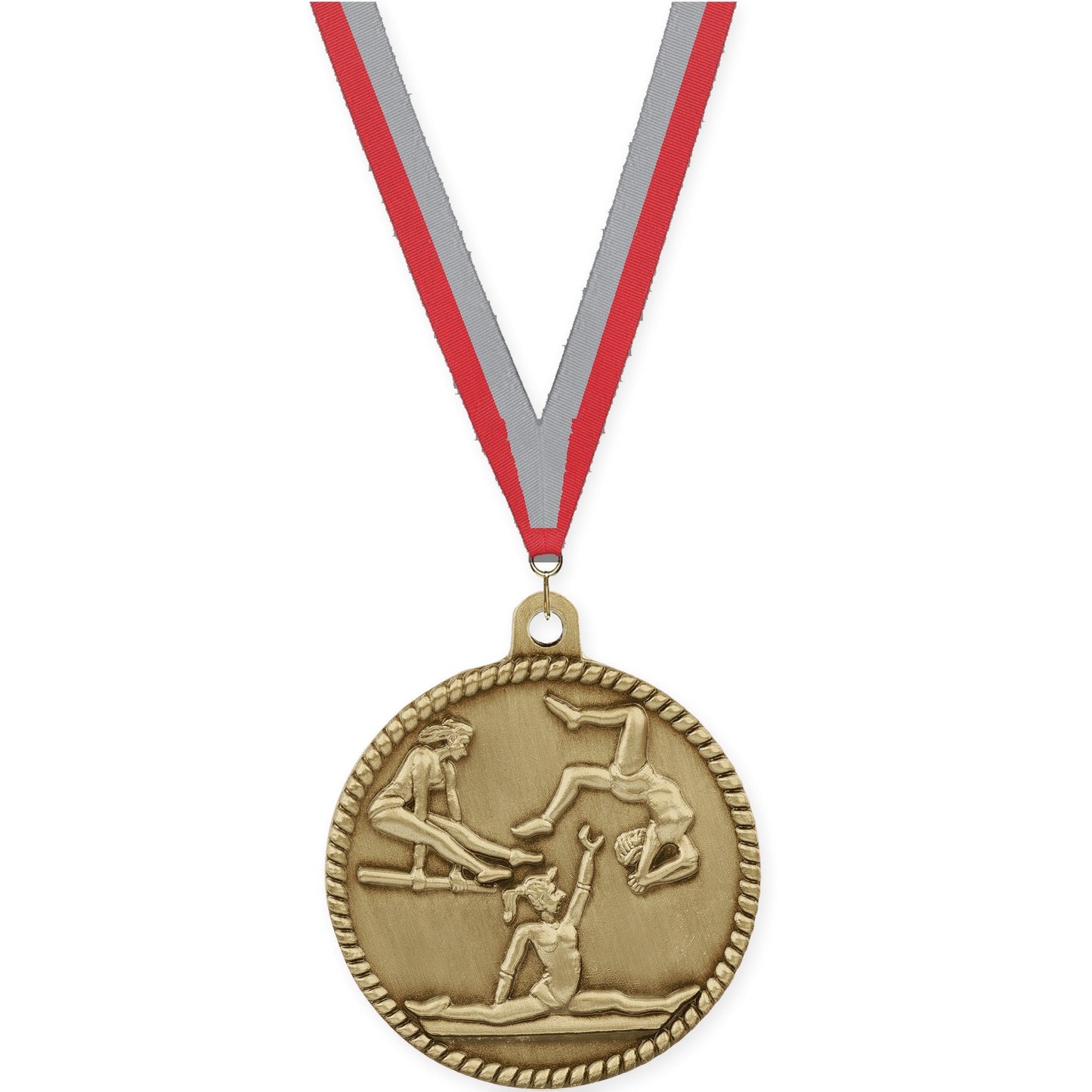 2 inch gymnastics High Relief medal in antique gold with Red Gray neck ribbon