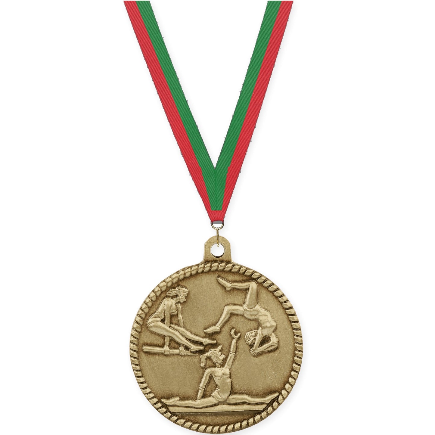 2 inch gymnastics High Relief medal in antique gold with Red Green neck ribbon