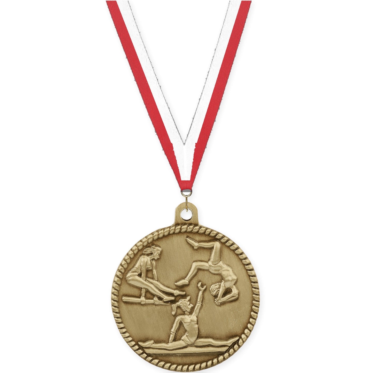 2 inch gymnastics High Relief medal in antique gold with Red White neck ribbon