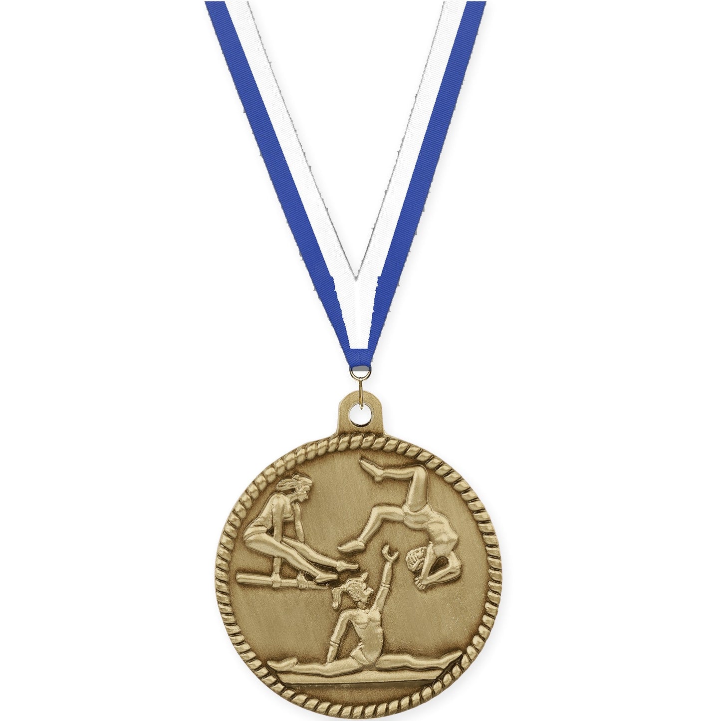 2 inch gymnastics High Relief medal in antique gold with Blue White neck ribbon