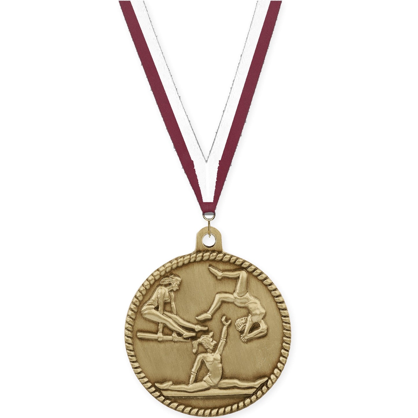 2 inch gymnastics High Relief medal in antique gold with Maroon White neck ribbon