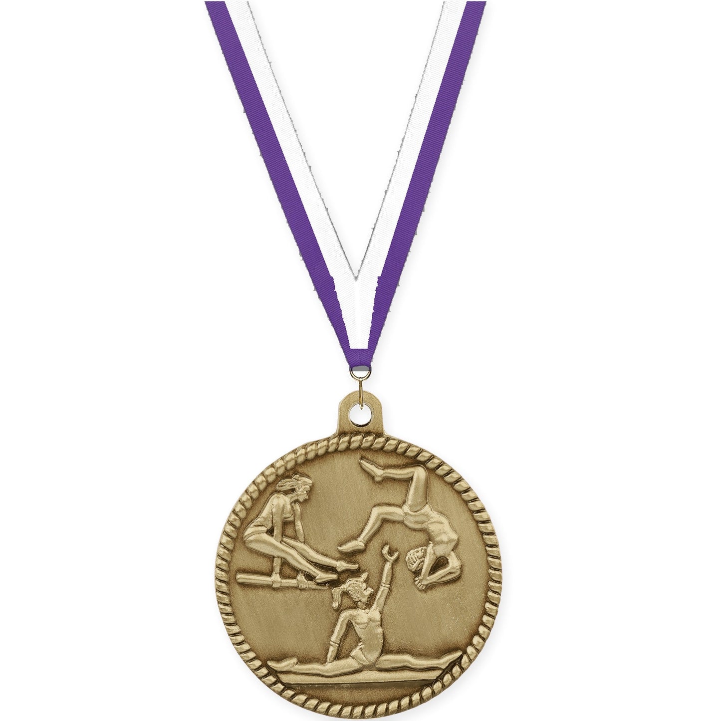 2 inch gymnastics High Relief medal in antique gold with Purple White neck ribbon