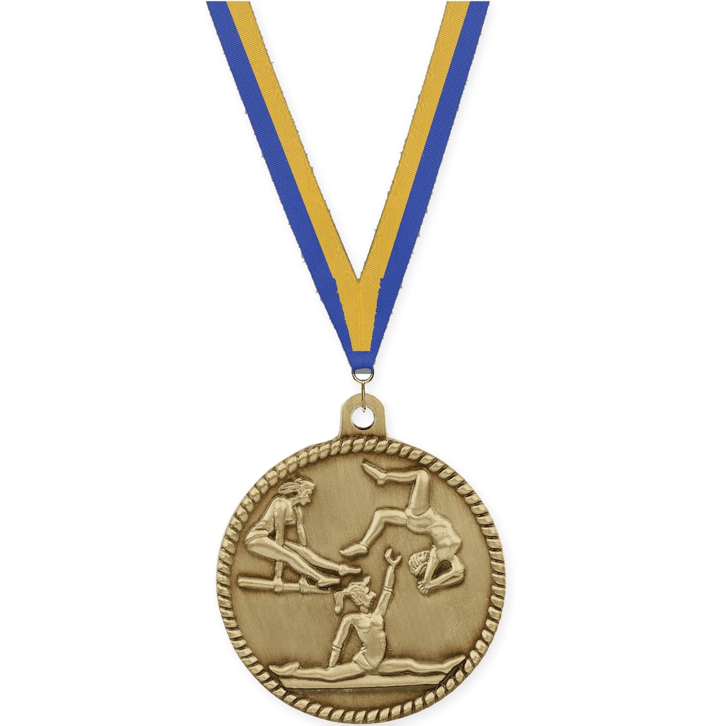 2 inch gymnastics High Relief medal in antique gold with Blue Gold neck ribbon
