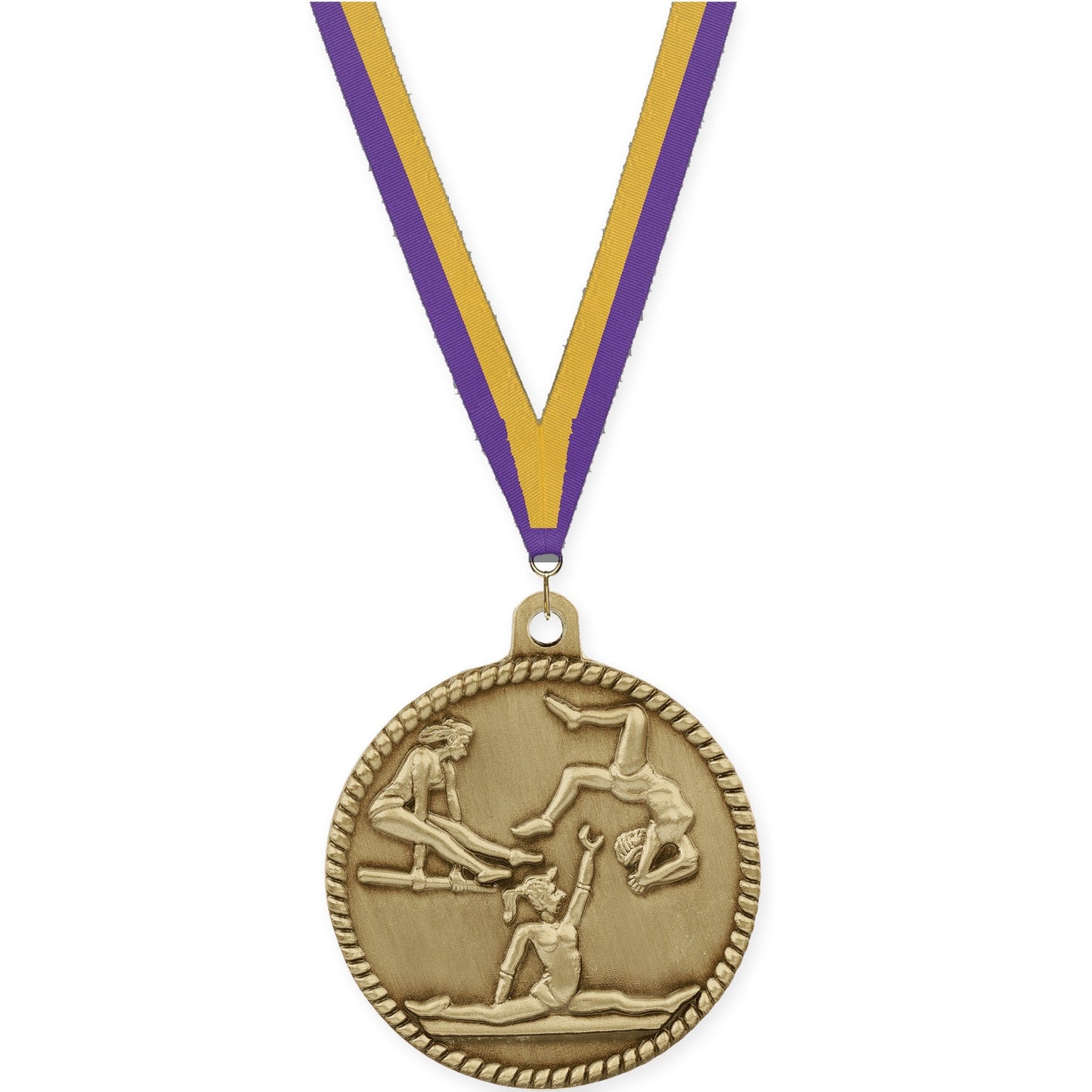 2 inch gymnastics High Relief medal in antique gold with Purple Gold neck ribbon
