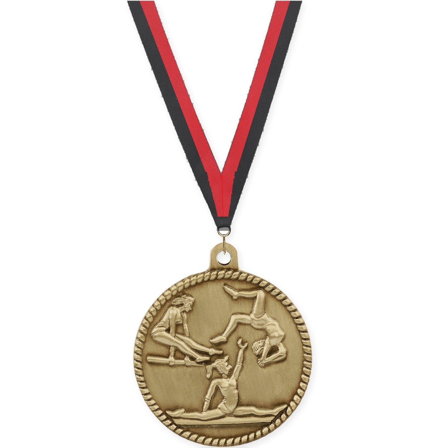 2 inch gymnastics High Relief medal in antique gold with Black Red neck ribbon