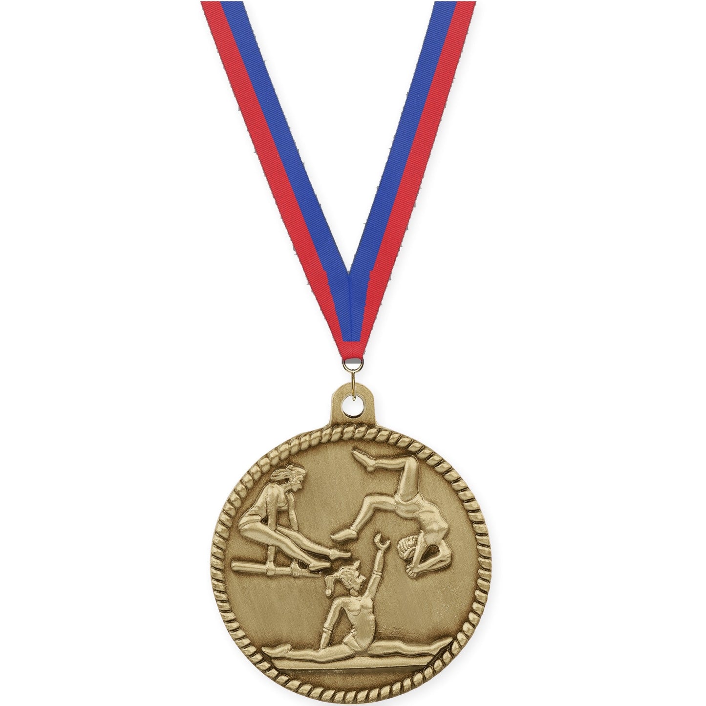 2 inch gymnastics High Relief medal in antique gold with Blue Red neck ribbon