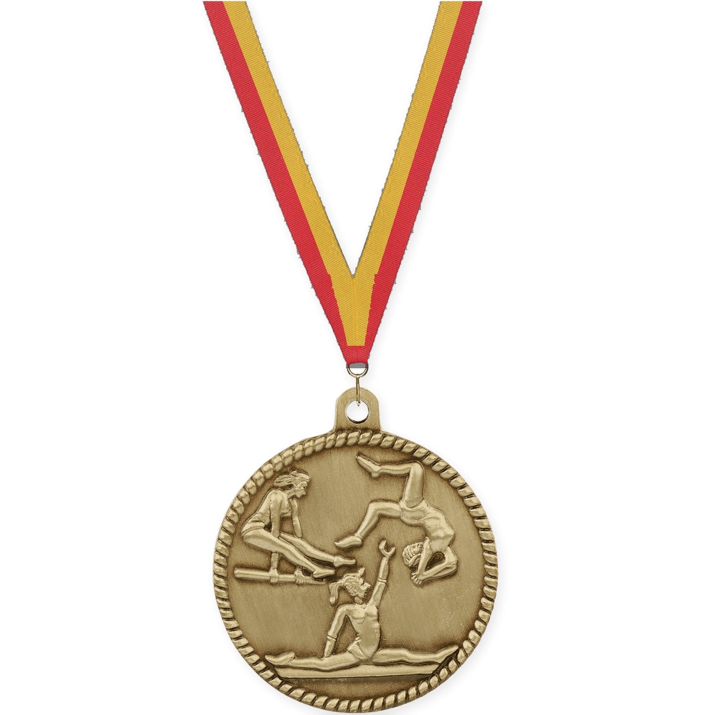 2 inch gymnastics High Relief medal in antique gold with Red Gold neck ribbon