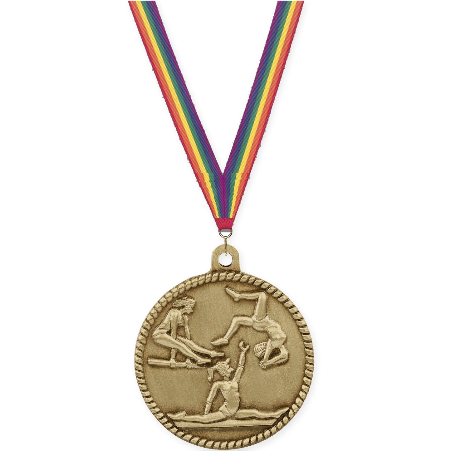 2 inch gymnastics High Relief medal in antique gold with Rainbow neck ribbon