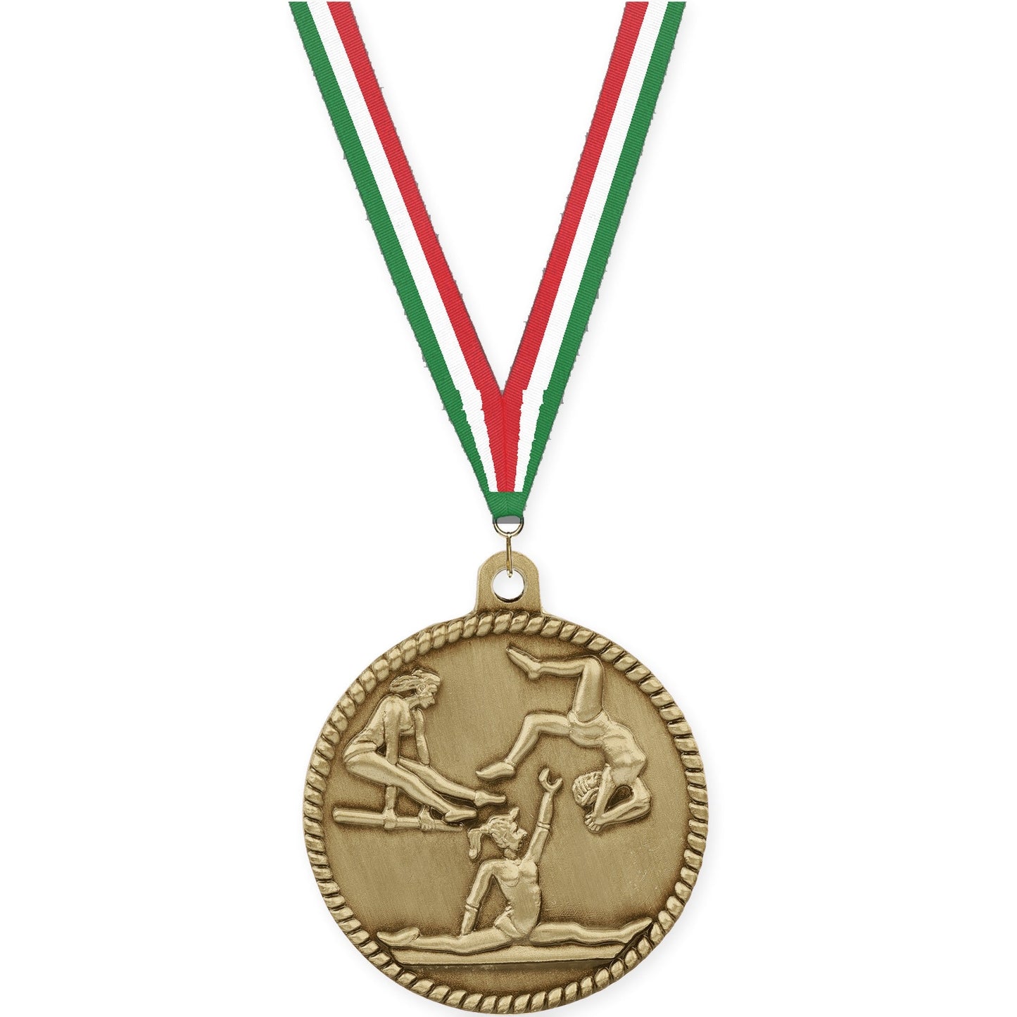 2 inch gymnastics High Relief medal in antique gold with Green White Red neck ribbon