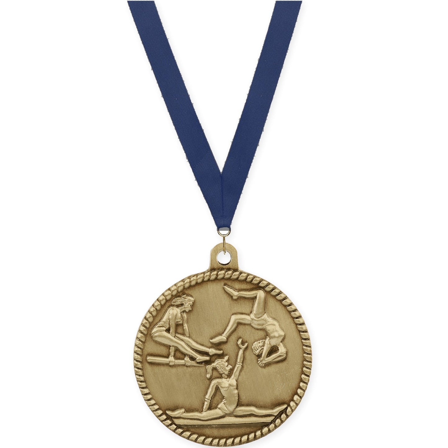 2 inch gymnastics High Relief medal in antique gold with Navy neck ribbon