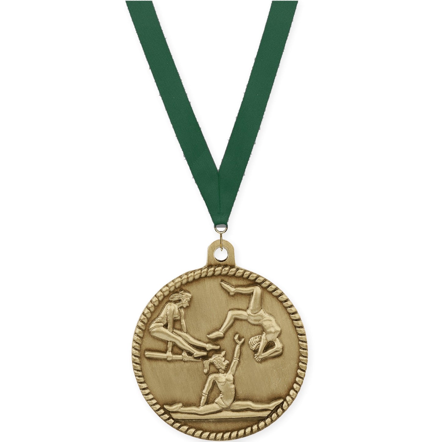 2 inch gymnastics High Relief medal in antique gold with Hunter Green neck ribbon