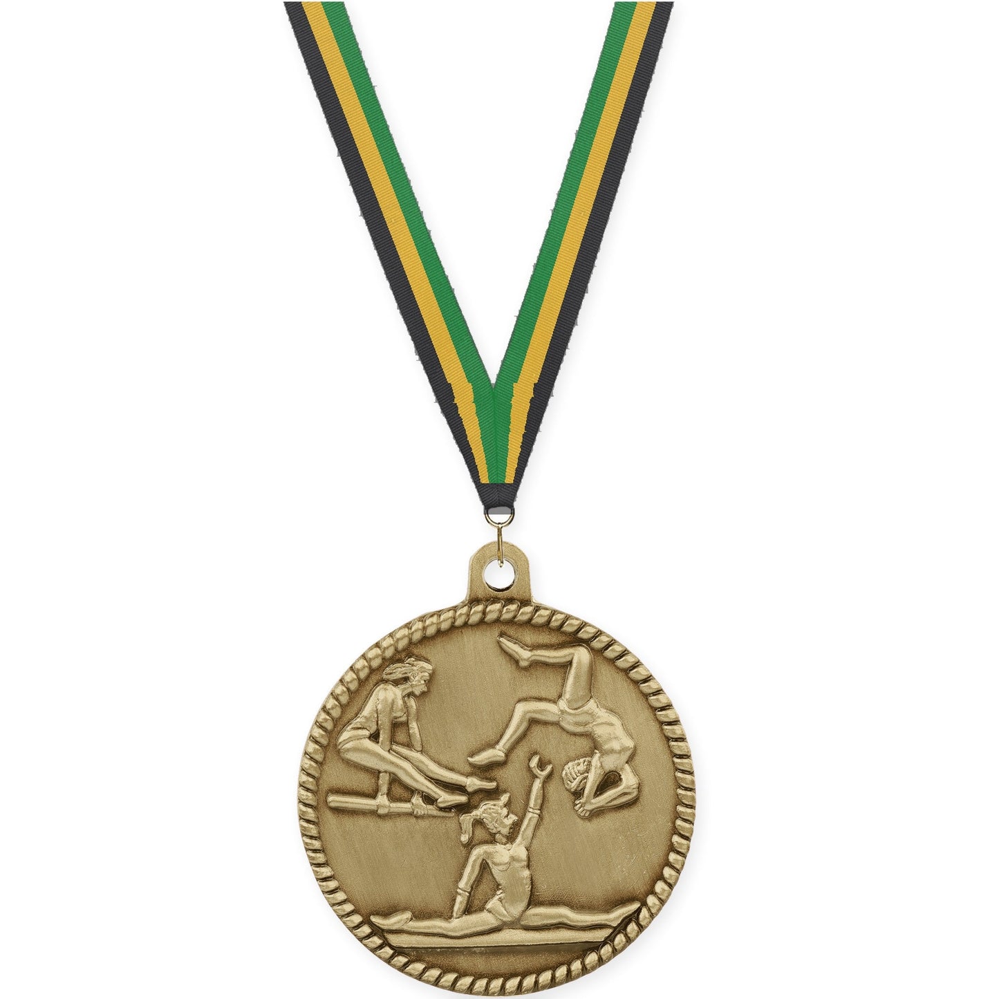 2 inch gymnastics High Relief medal in antique gold with Black Gold Green neck ribbon