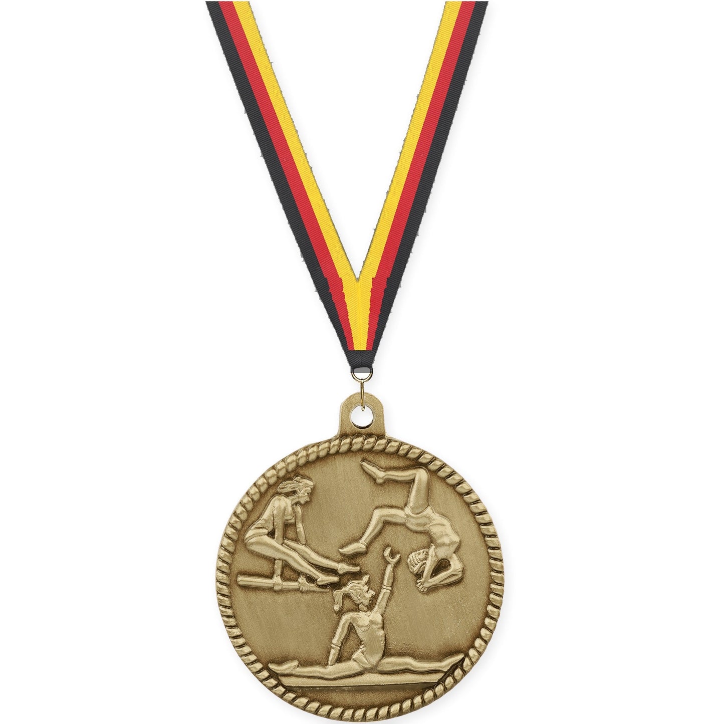 2 inch gymnastics High Relief medal in antique gold with Black Red Yellow neck ribbon