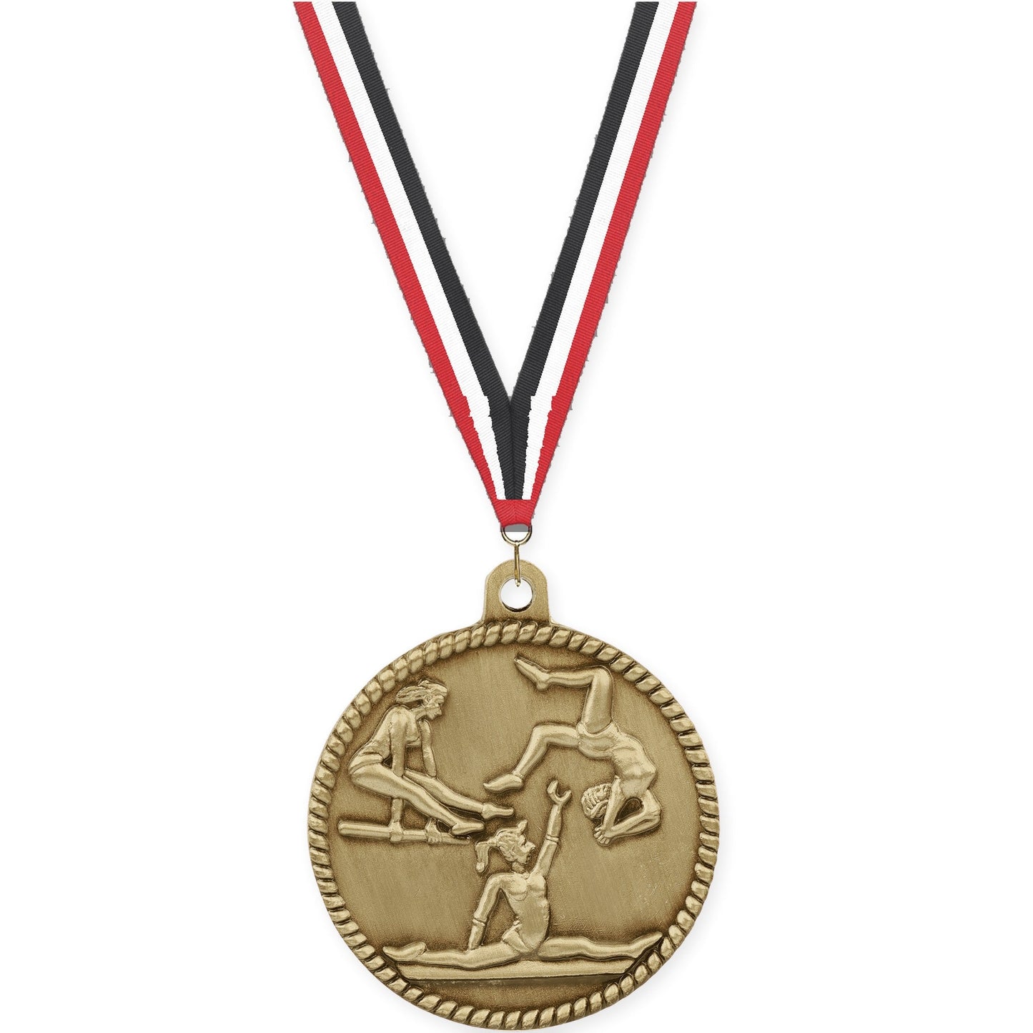 2 inch gymnastics High Relief medal in antique gold with Red White Black neck ribbon