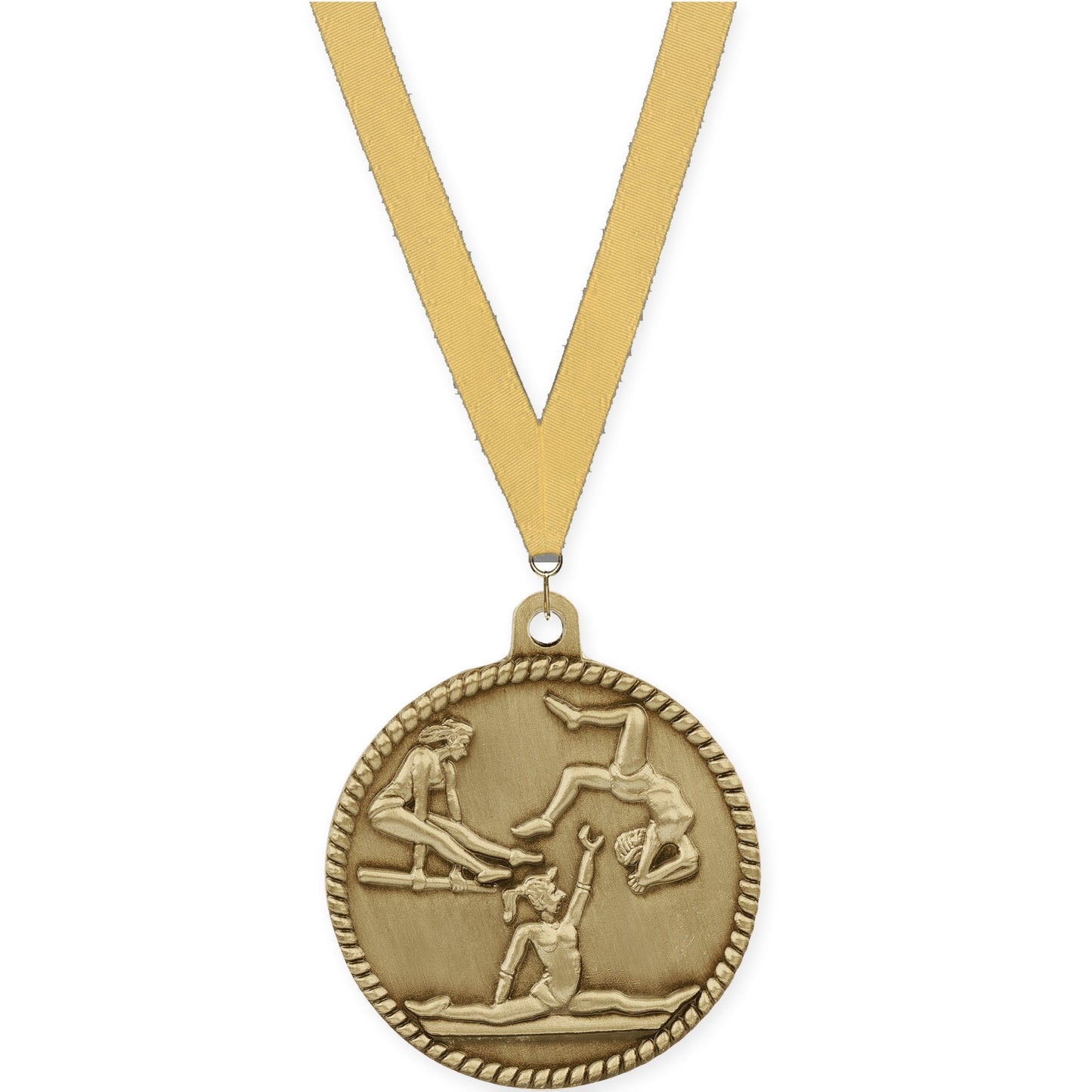 2 inch gymnastics High Relief medal in antique gold with Gold Metallic neck ribbon