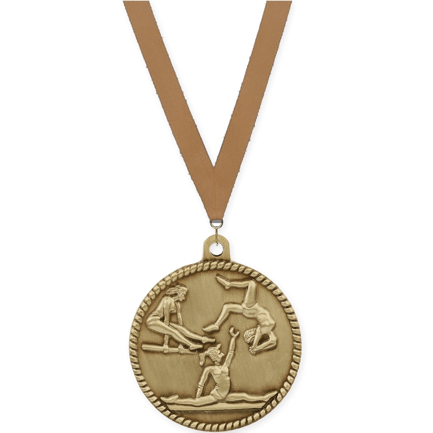 2 inch gymnastics High Relief medal in antique gold with Bronze Metallic neck ribbon