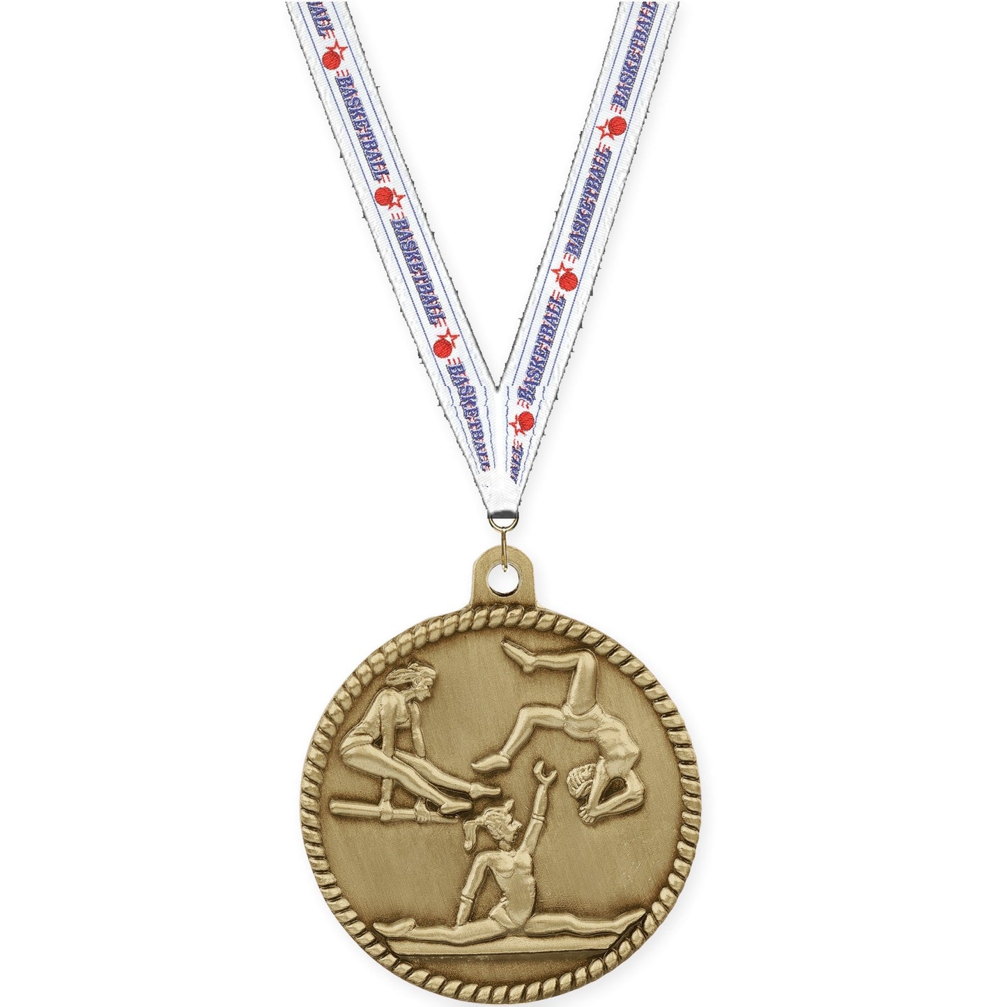 2 inch gymnastics High Relief medal in antique gold with Basketball neck ribbon