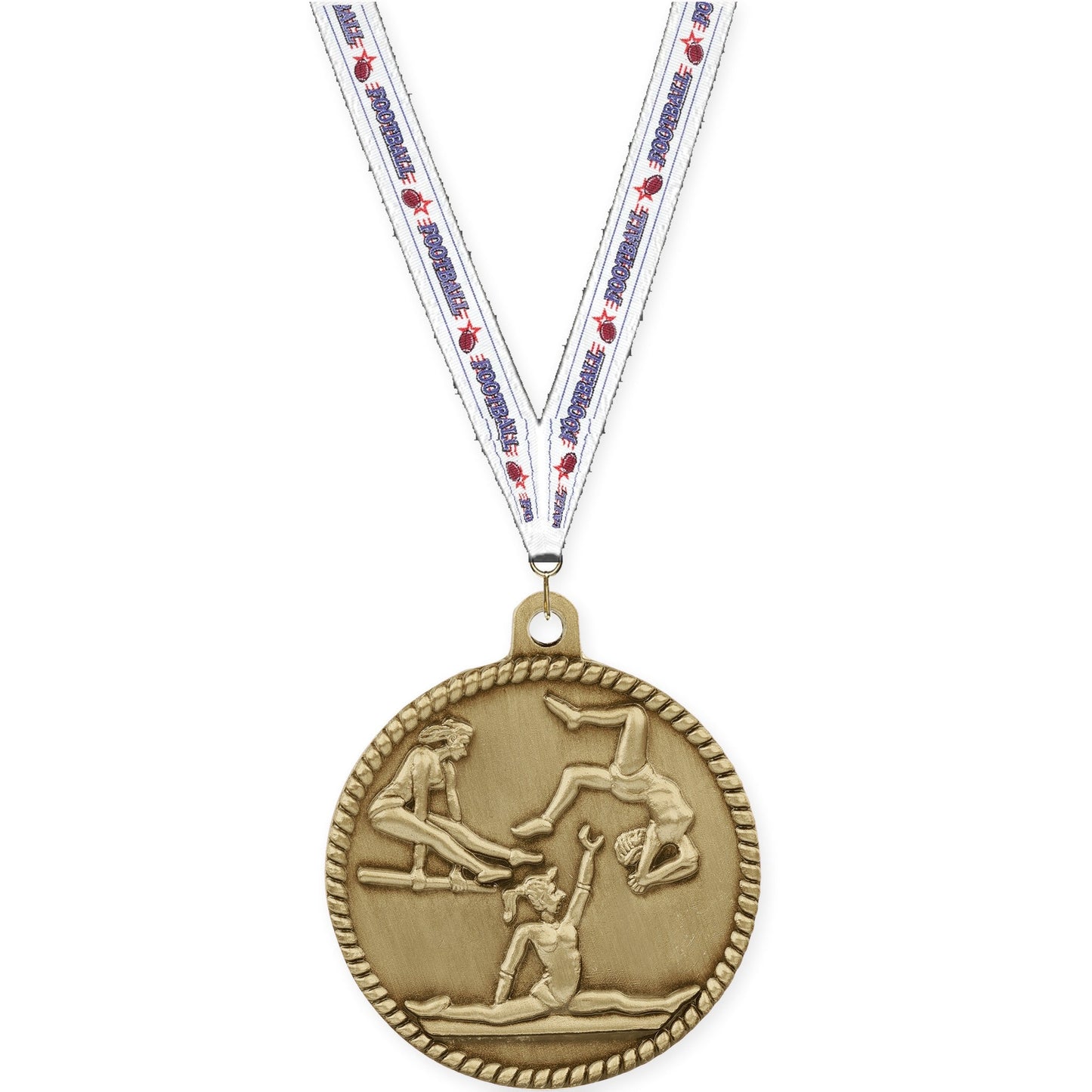 2 inch gymnastics High Relief medal in antique gold with Football neck ribbon