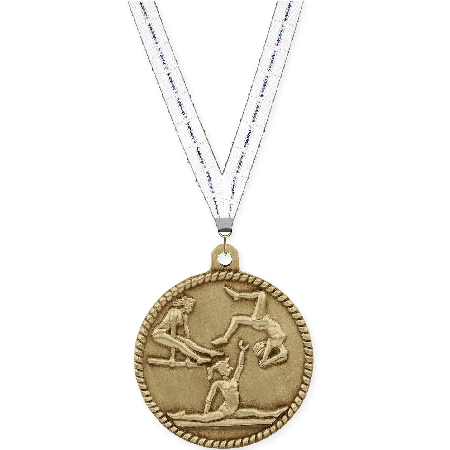 2 inch gymnastics High Relief medal in antique gold with Gymnastics neck ribbon
