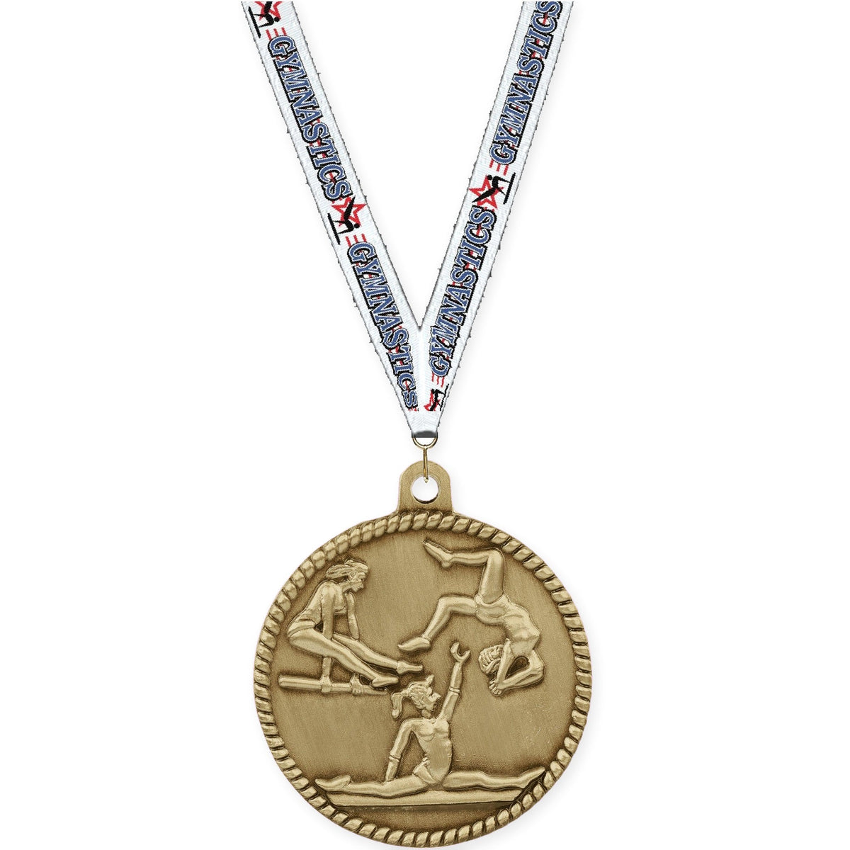 2 inch gymnastics High Relief medal in antique gold with Gymnastics neck ribbon