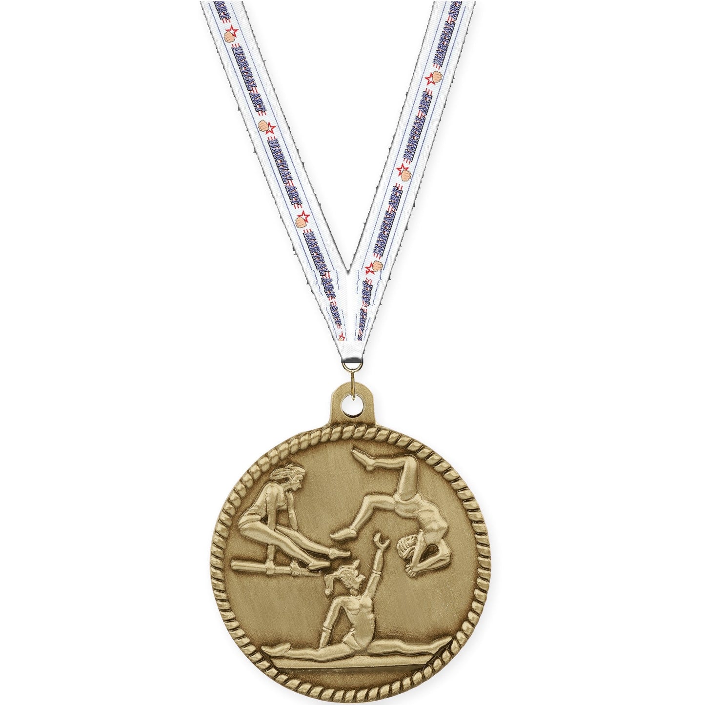 2 inch gymnastics High Relief medal in antique gold with Martial Arts neck ribbon