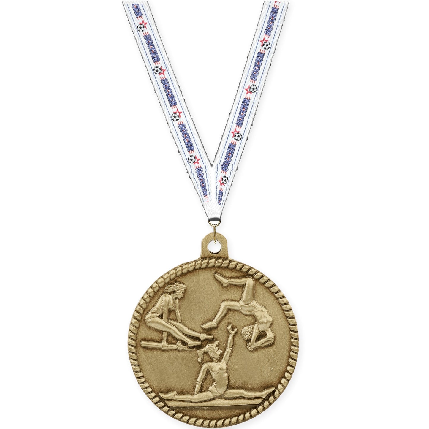 2 inch gymnastics High Relief medal in antique gold with Soccer neck ribbon