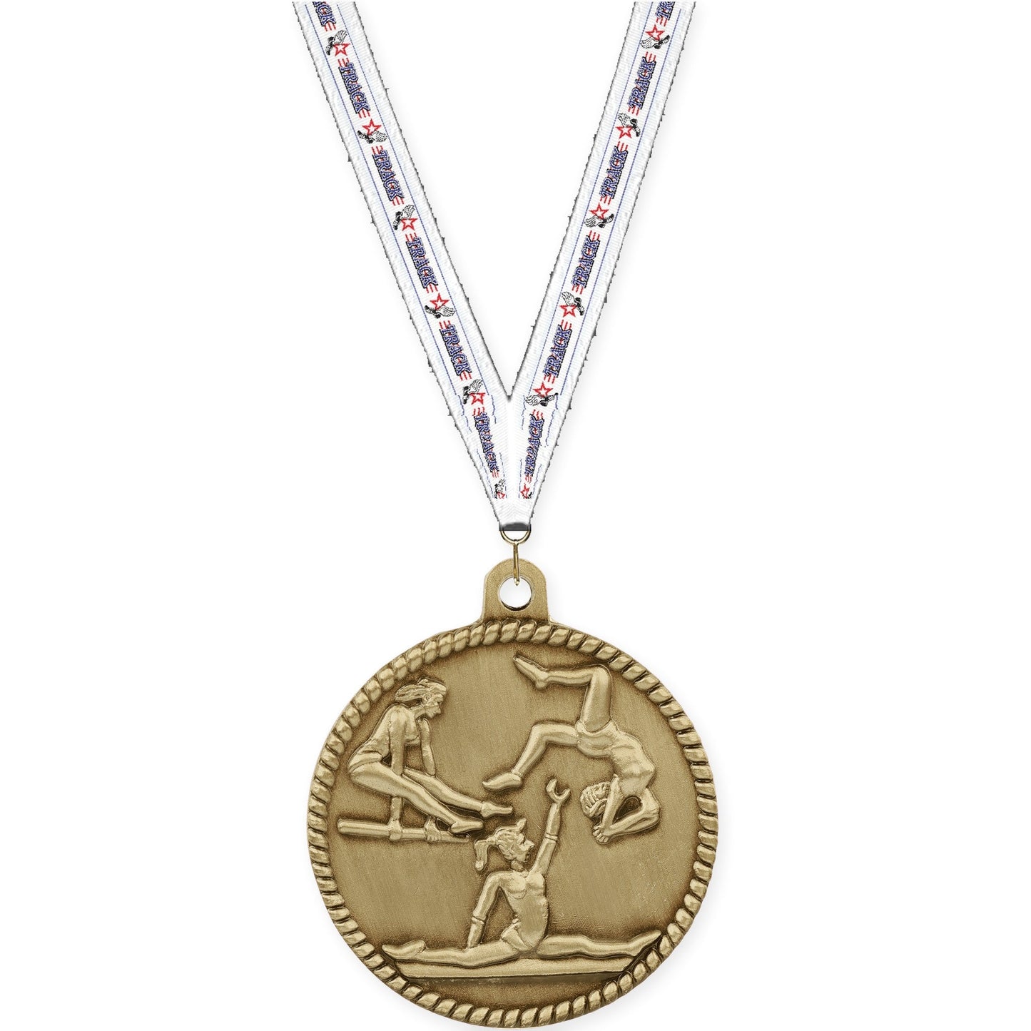 2 inch gymnastics High Relief medal in antique gold with Track neck ribbon