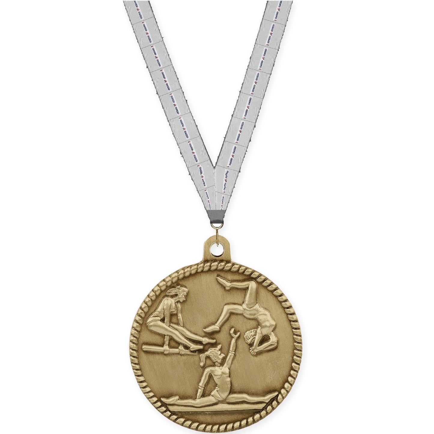2 inch gymnastics High Relief medal in antique gold with Auto Racing neck ribbon