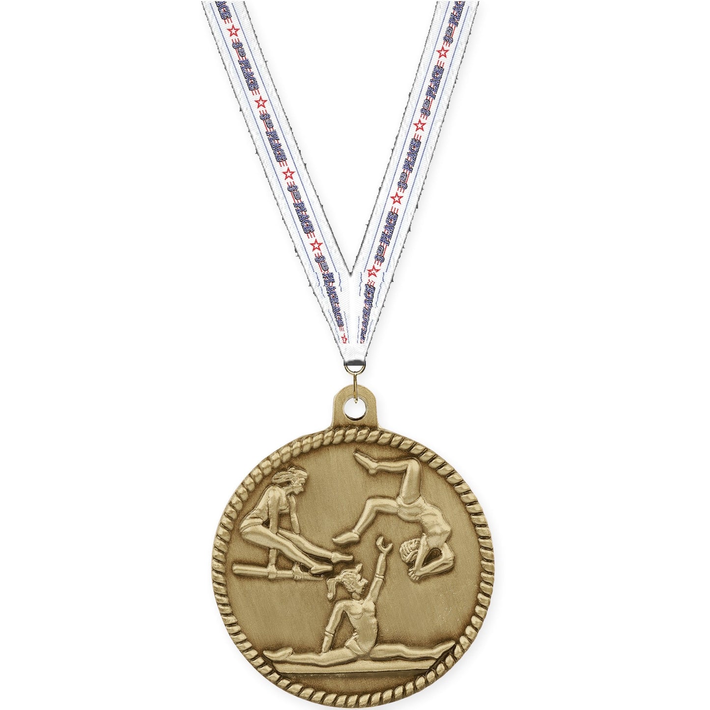 2 inch gymnastics High Relief medal in antique gold with 3rd Place neck ribbon