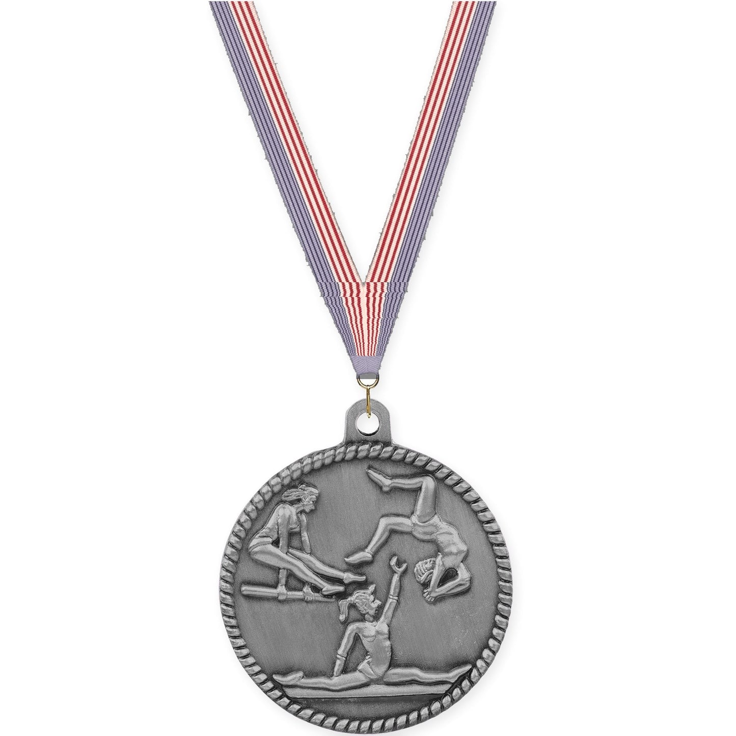 2 inch gymnastics High Relief medal in antique silver with USA Flag neck ribbon
