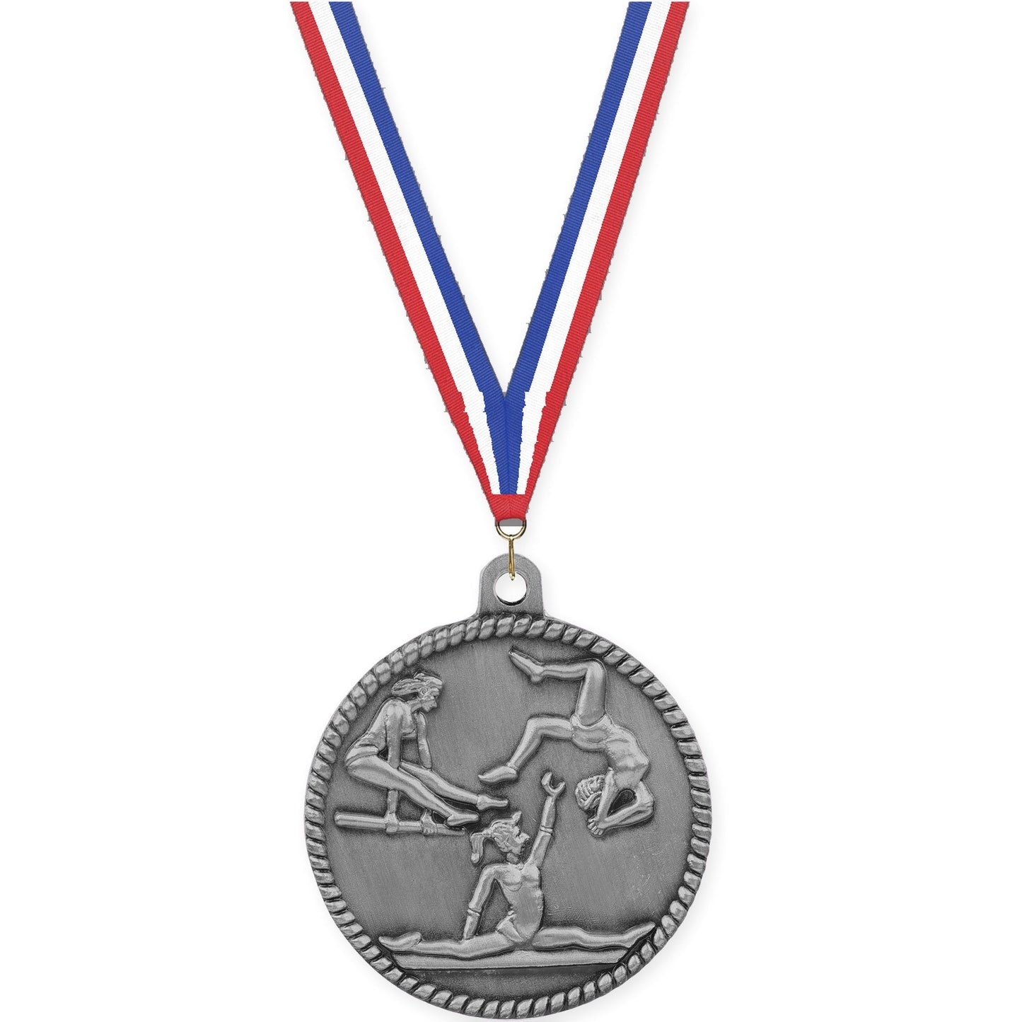 2 inch gymnastics High Relief medal in antique silver with Red White Blue neck ribbon