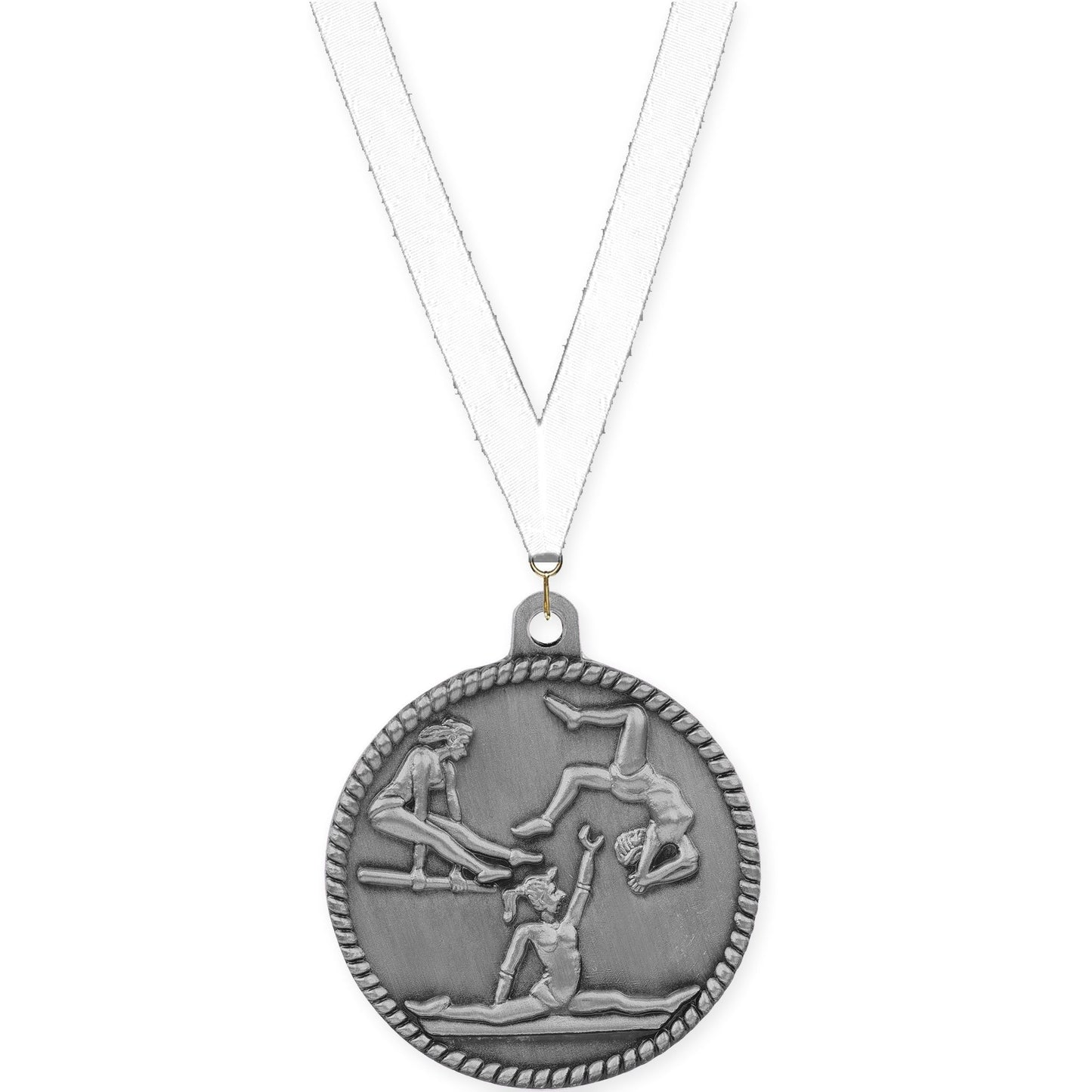 2 inch gymnastics High Relief medal in antique silver with White neck ribbon