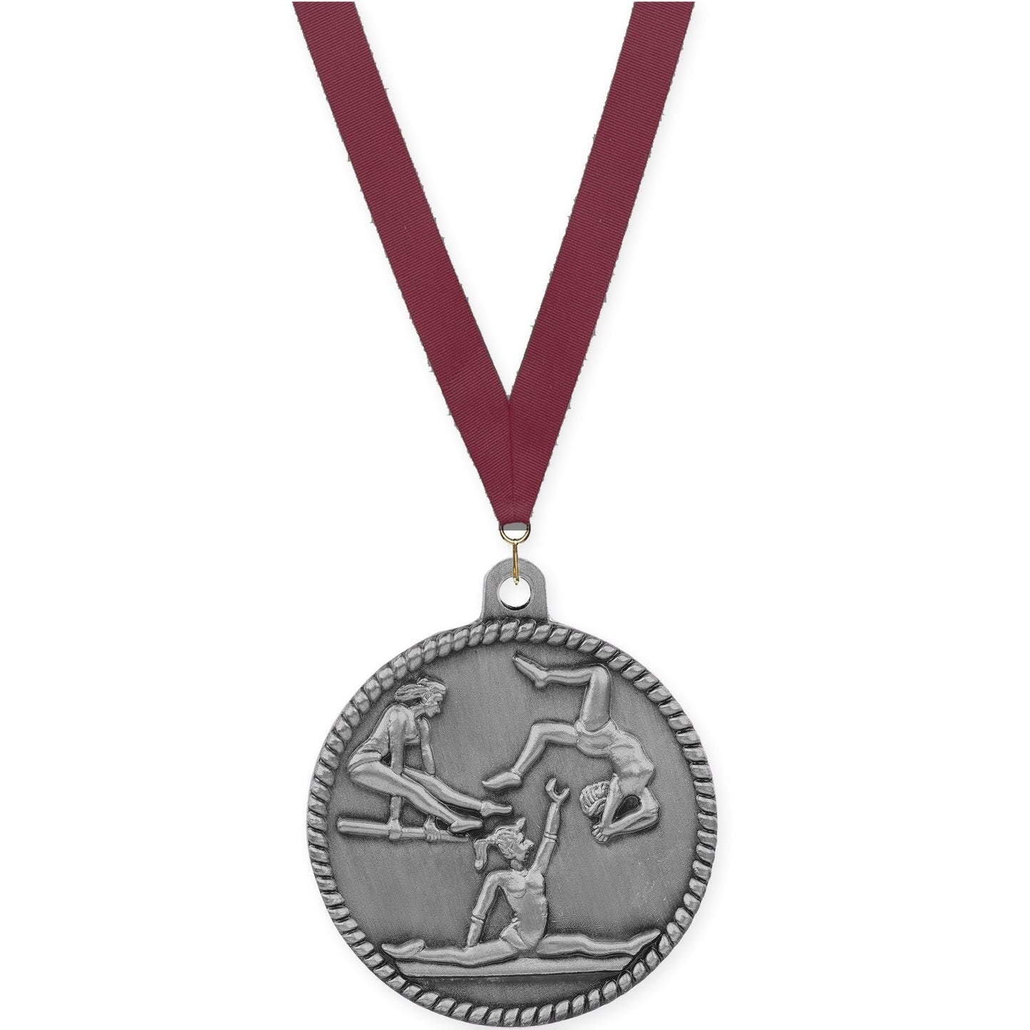 2 inch gymnastics High Relief medal in antique silver with Maroon neck ribbon