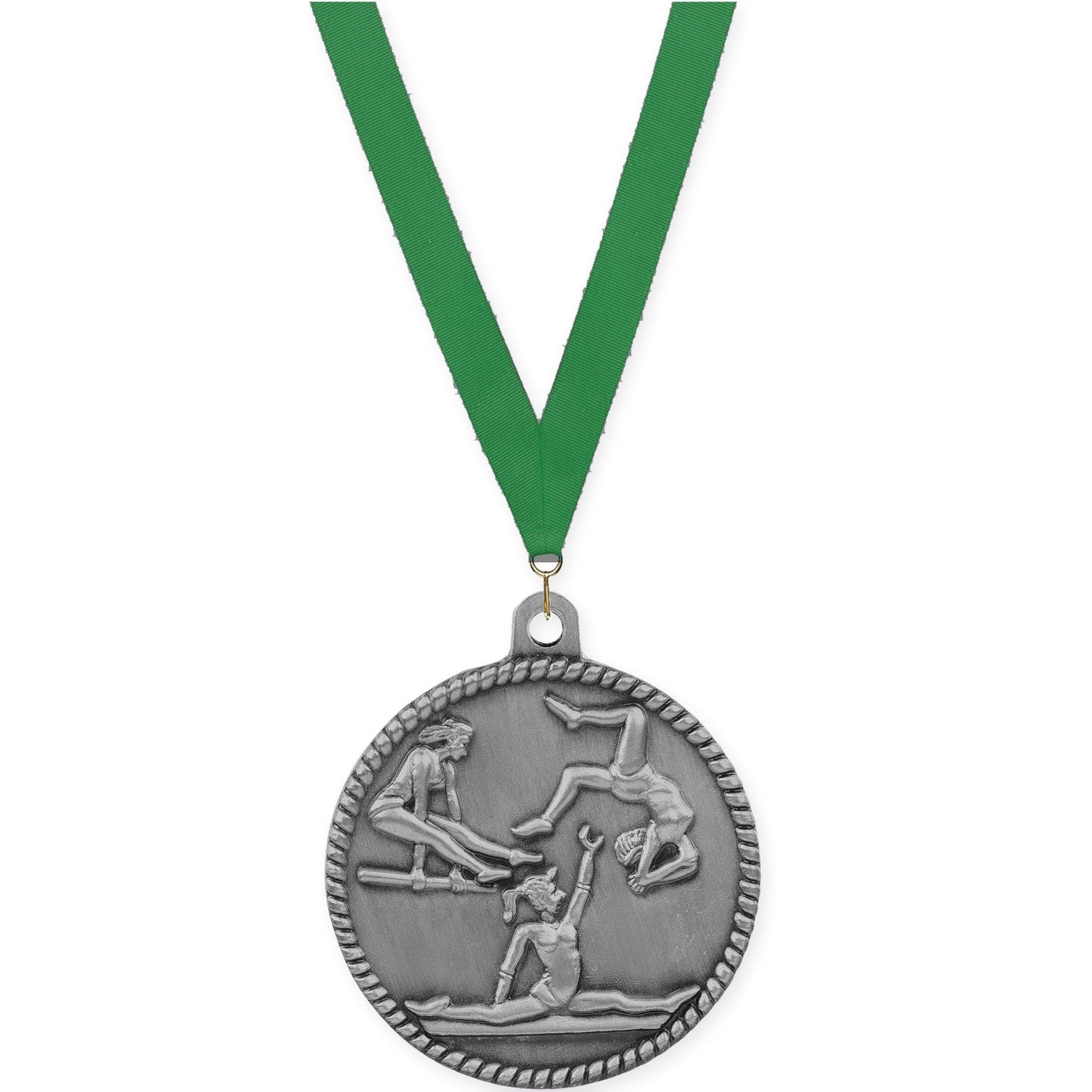 2 inch gymnastics High Relief medal in antique silver with Green neck ribbon