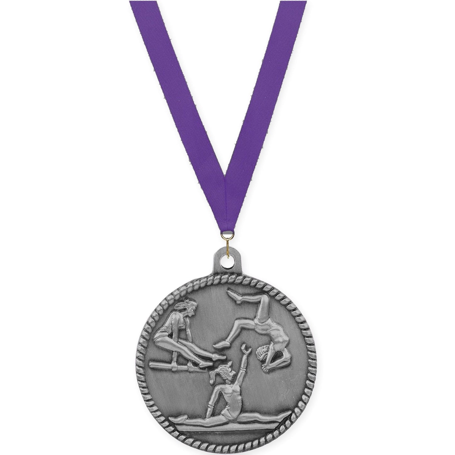 2 inch gymnastics High Relief medal in antique silver with Purple neck ribbon