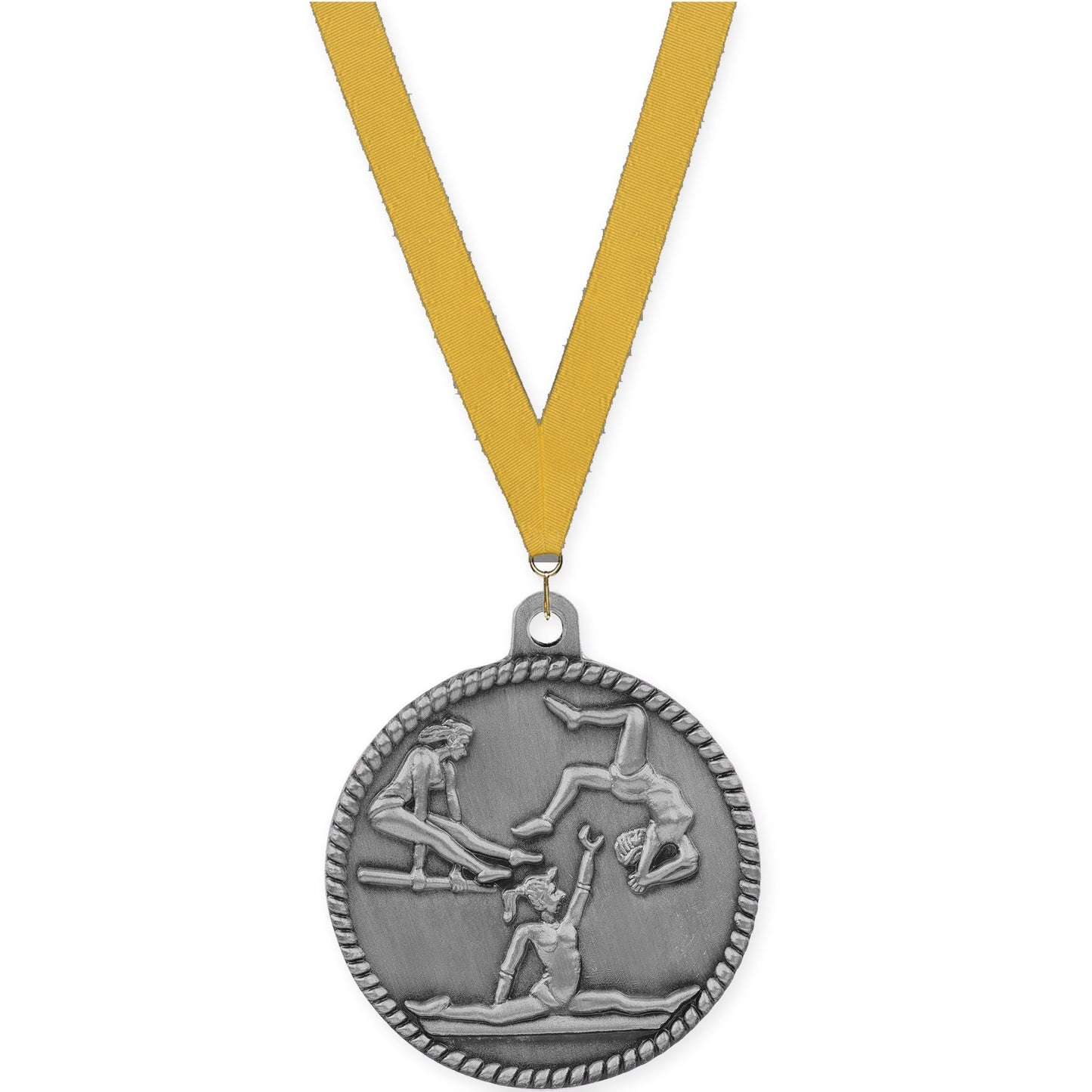 2 inch gymnastics High Relief medal in antique silver with Gold neck ribbon