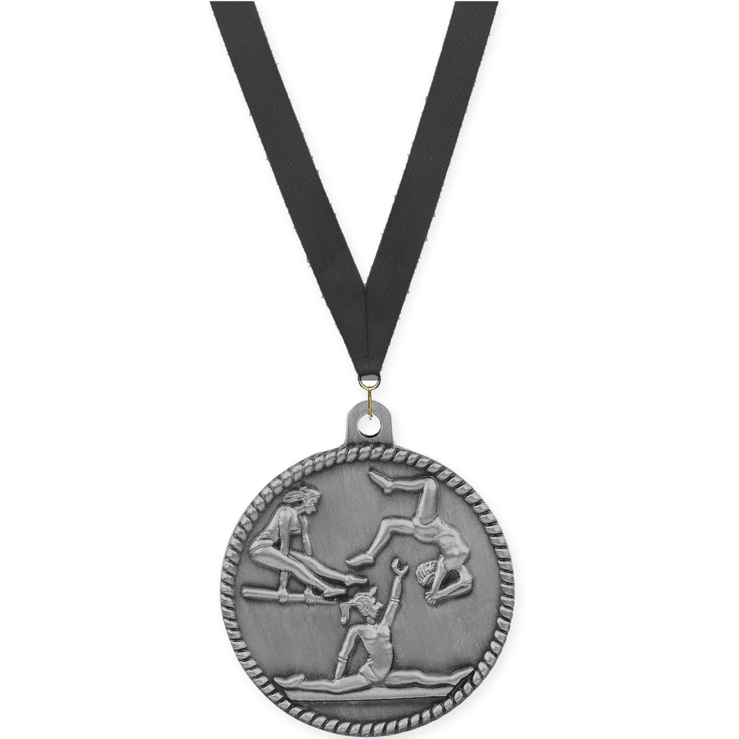 2 inch gymnastics High Relief medal in antique silver with Black neck ribbon